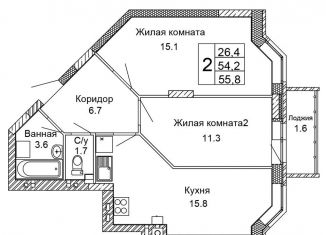 2-комнатная квартира на продажу, 55.8 м2, Волгоград, улица 70-летия Победы, 19А, ЖК Колизей