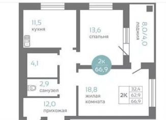 Продается 2-ком. квартира, 66.9 м2, Красноярск