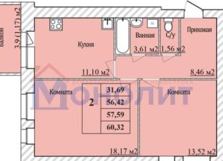 2-комнатная квартира на продажу, 57.6 м2, Ярославль, Дзержинский район