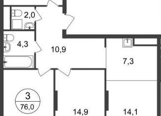 3-комнатная квартира на продажу, 76 м2, Москва, 11-я фаза, к3