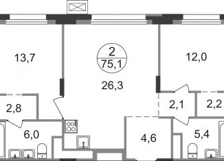 Продам 2-комнатную квартиру, 75.1 м2, Московская область