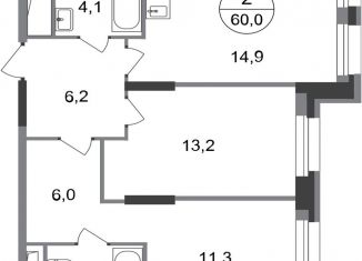 2-комнатная квартира на продажу, 60 м2, Московский