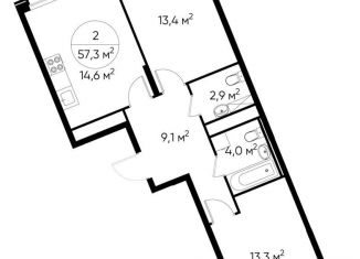 Продается 2-комнатная квартира, 57.3 м2, деревня Рассказовка, деревня Рассказовка, 1