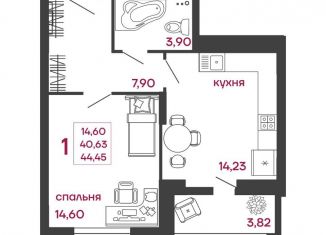 1-комнатная квартира на продажу, 44.5 м2, Пенза, улица Богданова, 34