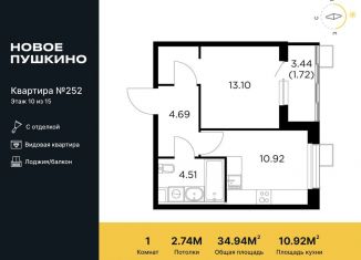 Продается 1-комнатная квартира, 34.9 м2, Пушкино