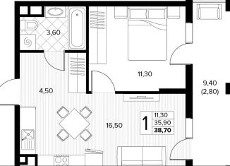 Продается однокомнатная квартира, 38.7 м2, Краснодарский край