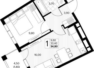 Продается однокомнатная квартира, 34.8 м2, село Сукко