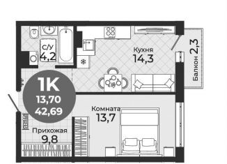 Продается однокомнатная квартира, 42.7 м2, Новосибирск, метро Студенческая