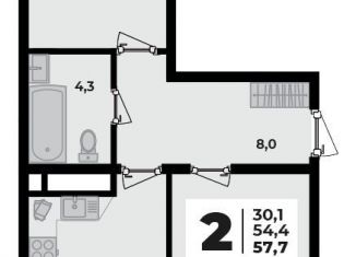 Продам 2-комнатную квартиру, 57.7 м2, аул Новая Адыгея