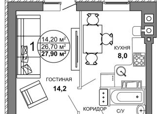 1-комнатная квартира на продажу, 27.9 м2, Волгоград, улица имени Старшего Лейтенанта Токарева, 7, ЖК Колизей