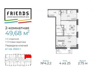 2-комнатная квартира на продажу, 49.7 м2, Санкт-Петербург, ЖК Френдс