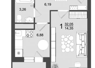 Продам 1-комнатную квартиру, 32.1 м2, Клин