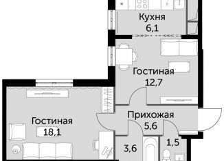 2-комнатная квартира на продажу, 47.6 м2, посёлок Развилка