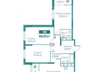 3-комнатная квартира на продажу, 91 м2, Тюмень, ЖК Акватория