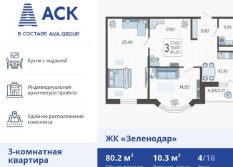 Продается 3-комнатная квартира, 80.2 м2, Краснодар, ЖК Зеленодар, улица Садовое Кольцо