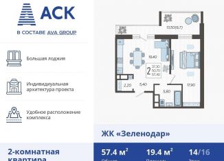 Продажа 2-ком. квартиры, 57.4 м2, Краснодар, ЖК Зеленодар