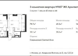 3-ком. квартира на продажу, 78.7 м2, Москва, ЖК Архитектор, улица Академика Волгина, 2с2