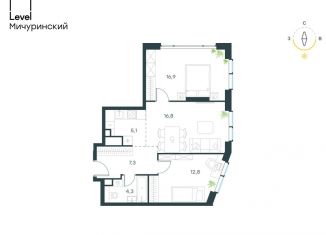 Трехкомнатная квартира на продажу, 63.2 м2, Москва, жилой комплекс Левел Мичуринский, к9, ЗАО