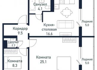 Продается 2-комнатная квартира, 65.3 м2, Челябинская область, улица имени капитана Ефимова, 4