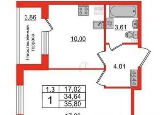1-комнатная квартира на продажу, 38.2 м2, Санкт-Петербург, муниципальный округ Пулковский Меридиан