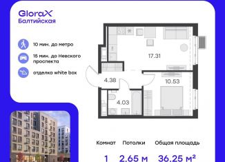 Продается 1-комнатная квартира, 36.3 м2, Санкт-Петербург, улица Шкапина, 43-45, метро Балтийская