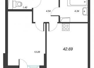 1-комнатная квартира на продажу, 44.6 м2, Мурино
