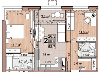 Продается двухкомнатная квартира, 61.8 м2, Жуковский, улица Гудкова