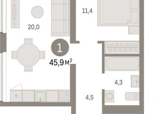 Продам 1-комнатную квартиру, 45.9 м2, Тюмень, Центральный округ