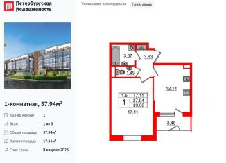 Продажа однокомнатной квартиры, 37.9 м2, Санкт-Петербург, Московский район