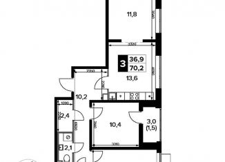 Продажа 3-ком. квартиры, 70.2 м2, деревня Сапроново