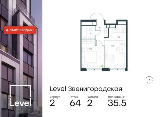 Продам двухкомнатную квартиру, 35.5 м2, Москва, метро Хорошёвская, жилой комплекс Левел Звенигородская, к2