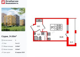 Продается квартира студия, 24.9 м2, Санкт-Петербург, муниципальный округ Коломяги