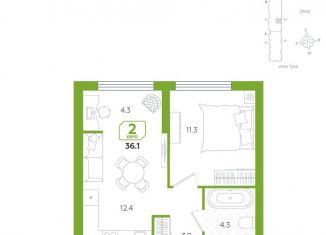2-ком. квартира на продажу, 36.1 м2, Тюмень, Центральный округ, улица Евгения Войнова, 3