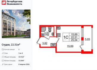 Продам квартиру студию, 22.5 м2, посёлок Стрельна