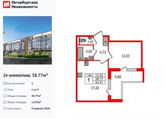 Продается 1-комнатная квартира, 38.8 м2, Санкт-Петербург, Московский район