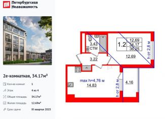 Продаю 1-ком. квартиру, 34.2 м2, посёлок Стрельна