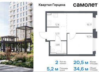 Продается двухкомнатная квартира, 34.6 м2, Москва, жилой комплекс Квартал Герцена, к2, метро Зябликово