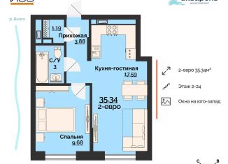 Продается двухкомнатная квартира, 35.3 м2, Ульяновск, жилой комплекс Акварель, 4, Заволжский район