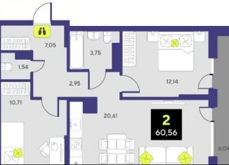 Продаю 2-комнатную квартиру, 60.6 м2, Тюмень, Центральный округ, улица Пожарных и Спасателей, 14