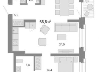 Продается 2-ком. квартира, 66.6 м2, Новосибирск, метро Речной вокзал