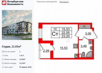 Продам квартиру студию, 22.1 м2, Санкт-Петербург, муниципальный округ Пулковский Меридиан