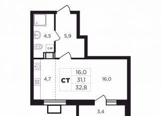 Продаю квартиру студию, 34.5 м2, деревня Кабицыно, жилой комплекс Соседи, 1