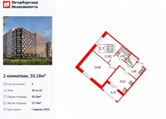 2-ком. квартира на продажу, 50.2 м2, Санкт-Петербург, Невский район