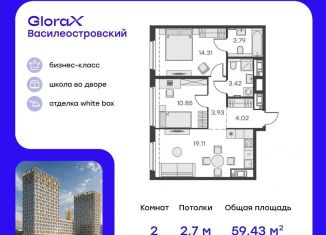 Двухкомнатная квартира на продажу, 59.4 м2, Санкт-Петербург, Василеостровский район