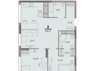 2-комнатная квартира на продажу, 66.8 м2, Рязань, улица Александра Полина, 1, ЖК Метропарк