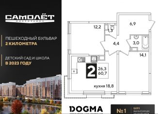 2-комнатная квартира на продажу, 60.7 м2, Краснодар, Прикубанский округ