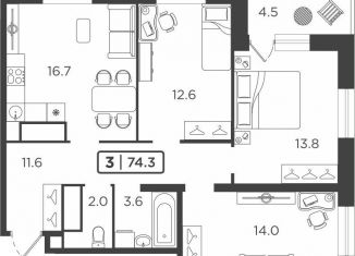 Продам 3-комнатную квартиру, 74.3 м2, Тюмень, Центральный округ