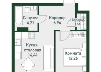 1-комнатная квартира на продажу, 39.4 м2, Челябинская область