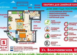 Продается двухкомнатная квартира, 50.2 м2, Хабаровск, Волочаевская улица, 85