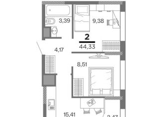 2-комнатная квартира на продажу, 42.6 м2, Рязань, ЖК Метропарк, улица Александра Полина, 2